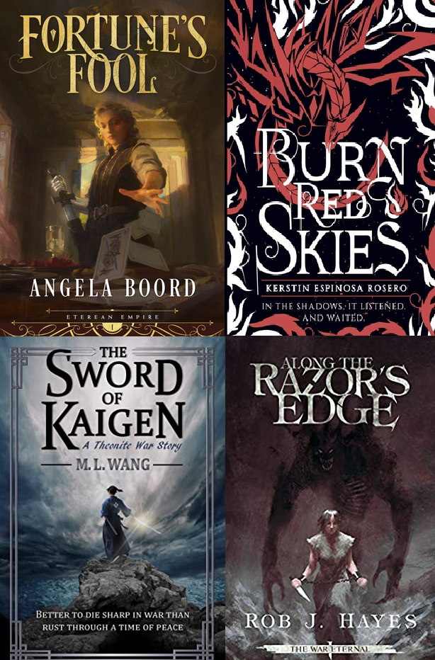 Collage of covers featuring Fortune's Fool, Burn Red Skies, The Sword of Kaigen, and Along the Razor's Edge
