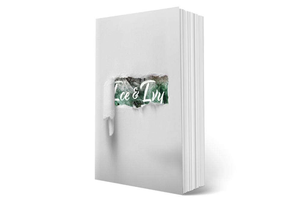 3D mockup of a book covered mostly in white, with a bit tearing away to show the title Ice & Ivy beneath.